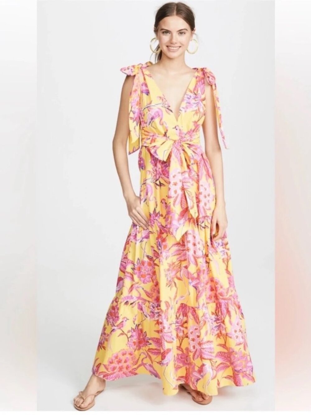 Banjanan Carnation Flamingo Cotton Maxi Dress XS Pink Yellow Tropical - Picture 2 of 13